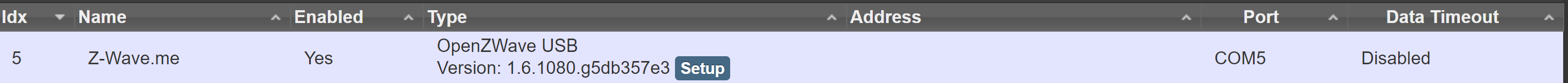 Z-Wave adapter in hardware settings