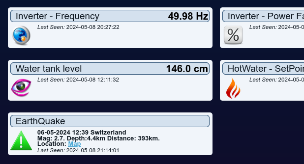 screenshot of domoticz panel showing earthquakes