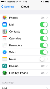 iCloud Settings Screen